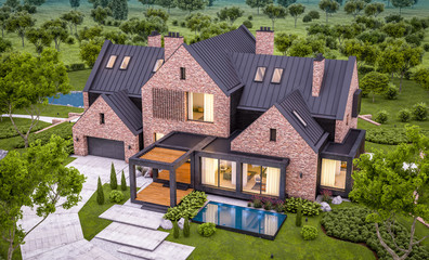 3d rendering of modern cozy clinker house on the ponds with garage and pool for sale or rent with beautiful landscaping on background. Clear summer evening with cozy light from window