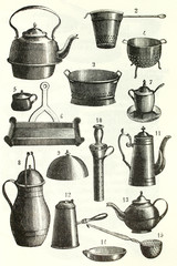A set of iron kitchen equipment. Antique illustration in a cuisine book. 1892.