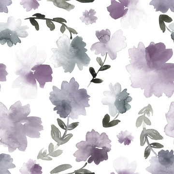 Seamless watercolor floral print in dusty purple and gray.