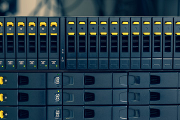 Front view array disk storage server in datacenter