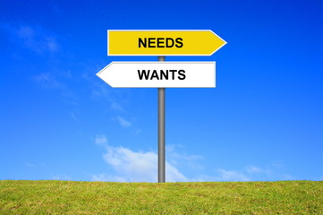Schild Wegweiser zeigt Wants oder Needs