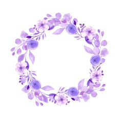 Fototapeta na wymiar Frame wreath with flowers of cherry, apple, almond, sakura.Watercolor drawing by hand. Lilac and purple watercolor flowers, and twigs collected in a wedding composition