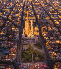 Sagrada Familia cathedral and Barcelona cityscape in Spain, aerial view.