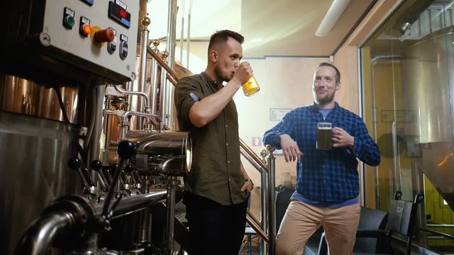 Two men tasting fresh beer in a brewery