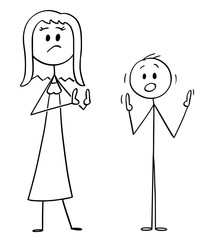 Vector cartoon stick figure drawing conceptual illustration of discontent woman showing something is too small size gesture, probably penis of her lover or partner. Man showing bigger. Sexual problem