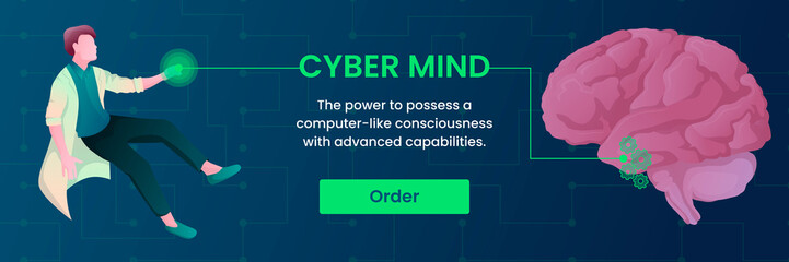 Colorful banner template with the scientist, dealing with artificial intelligence