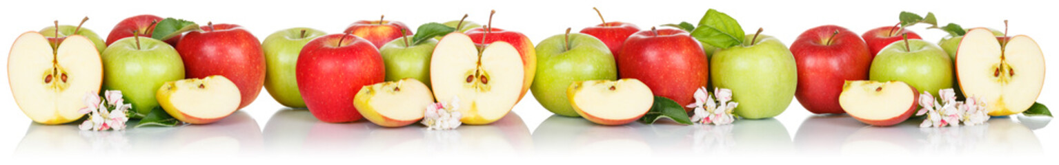 Apples fruits red and green apple banner fruit isolated on white in a row