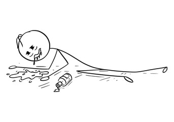 Cartoon stick figure drawing conceptual illustration of drunk or drunken man lying on the ground and vomit, throw up or puke.