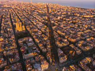 Sagrada Familia cathedral and Barcelona cityscape in Spain, aerial view.