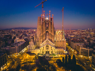 Aerial Panorama view of Barcelona city skyline and Sagrada familia at dusk time,Spain 2019