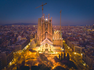 Aerial Panorama view of Barcelona city skyline and Sagrada familia at dusk time,Spain 2019