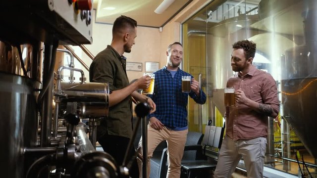Two men tasting fresh beer in a brewery