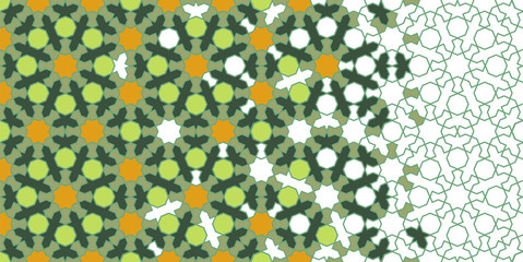 Arabesque vector seamless pattern. Geometric halftone texture with color tile disintegration or breaking