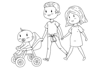 Cartoon family with pregnant woman and little children.