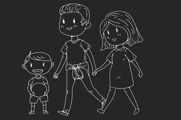 Cartoon family with pregnant woman and little children.