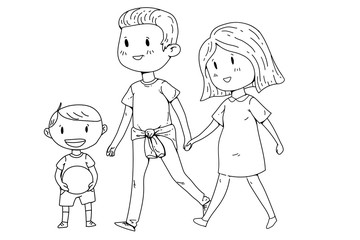Cartoon family with pregnant woman and little children.