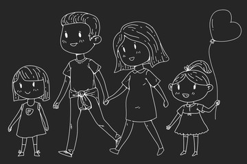 Cartoon family with pregnant woman and little children.