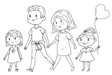 Cartoon family with pregnant woman and little children.