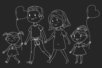 Cartoon family with pregnant woman and little children.