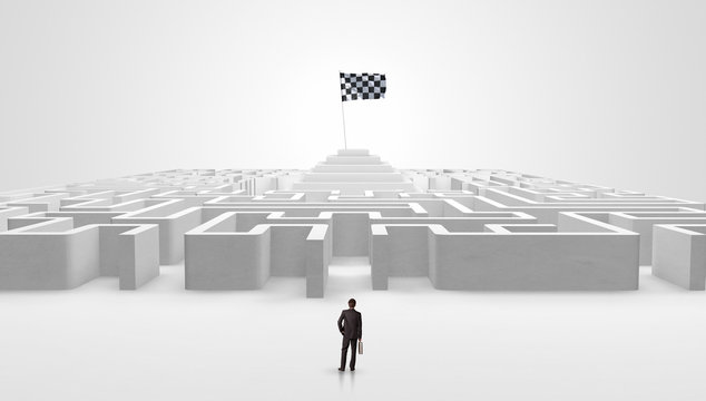 Man standing in front of a big round maze with pirate flag in the center
