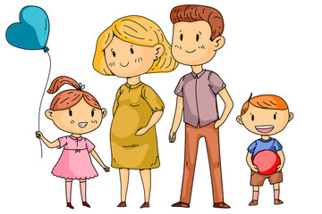 Mother and father with little children. Happy family. Pregnant woman.