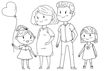 Mother and father with little children. Happy family. Pregnant woman.