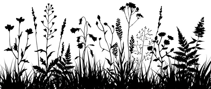 Black silhouettes of meadow wild herbs and flowers. Wildflowers. Floral background. Wild grass. Vector illustration.
