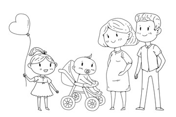 Mother and father with little children. Happy family. Pregnant woman.