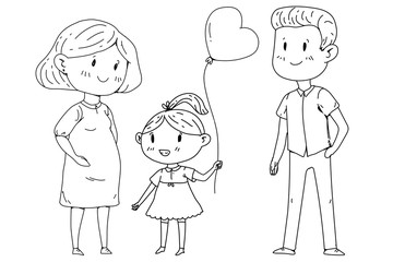 Mother and father with little children. Happy family. Pregnant woman.