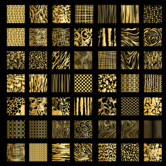 Big set of rough square grunge gold texture on black background. Doodles set. Scribble collection. Black sketches. Scrawl elements.  Dirty square box. Vector illustration. 