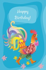 Happy birthday greeting card with funny rooster on sunny blue background.
