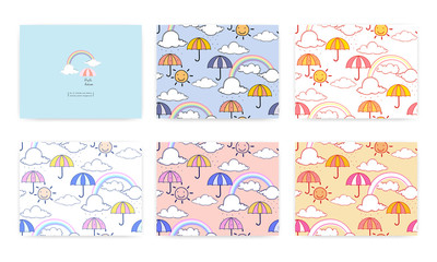 Set of seamless pattern with cute rainbow and umbrella. Vector illustration background.