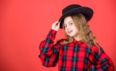 Feeling awesome in this hat. Girl cute kid wear fashionable hat. Small fashionista. Cool cutie fashionable outfit. Happy childhood. Kids fashion concept. Check out my fashion style. Fashion trend