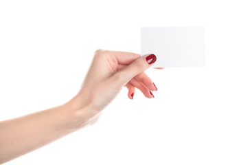 Fototapeta premium Woman's hand holding blank black card. Hand hold blank business card.