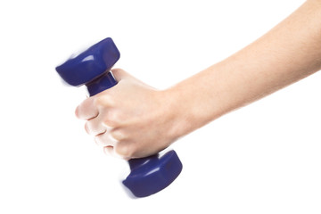 Woman's hand holding dumbbell isolated on white background. Close up, concept of healthy lifestyle