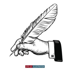 Hand drawn hand holding feather. Template for your design works. Engraved style vector illustrations set.