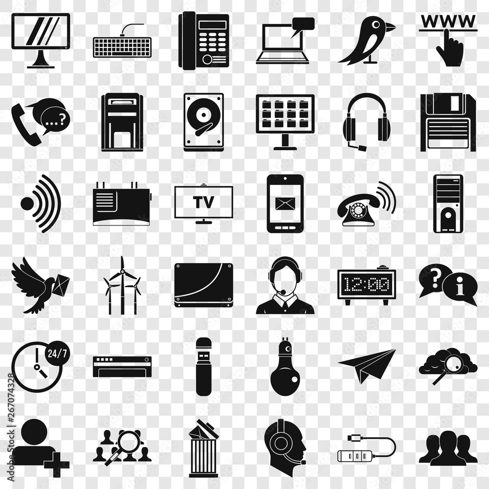 Poster internet communication icons set. simple style of 36 internet communication vector icons for web for