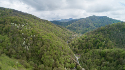 aerial view of serpentine road in a picturesque gorge of mountains