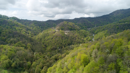 Fototapeta na wymiar aerial view of serpentine road in a picturesque gorge of mountains