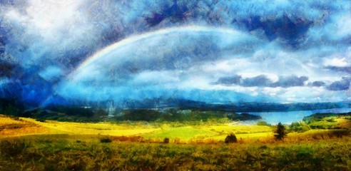 Beautiful landscape, green and yellow meadow and lake with mountain on background with a rainbow in the sky and computer painting effect.