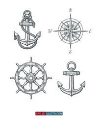Hand drawn sea symbols set. Compass, ship wheel, anchors. Template for your design works. Engraved style vector illustration.