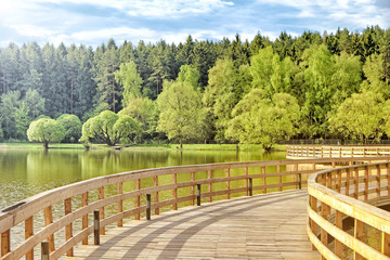 Fototapeta na wymiar green forest and pond at city park on spring sunny day against clouds blue sky background landscape view of wooden path on water of lake with beautiful trees reflection nature outdoor concept
