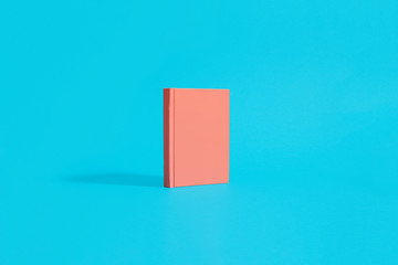 Orange hardcover notebook standing on a pastel blue background.  Center composition with space for copy and text