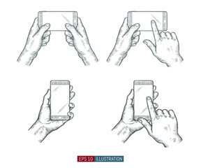 Hands holding phone set. Abstract smart phone silhouette. Template for your design works. Engraved style vector illustration.