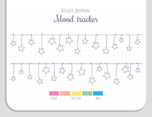 Mood tracker with hanging stars for 31 days of a month. Bullet journal page template without numbers.