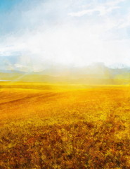 Obraz premium Beautiful landscape, yellow meadow and computer painting effect.