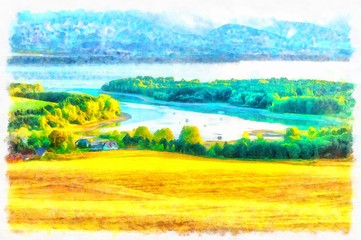 Beautiful landscape, yellow meadow and computer painting effect.
