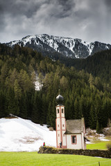 Beautiful mountain scenery in the Alps with fresh green meadows in bloom on a beautiful sunny day in springtime. Dolomiti montains in Italy. Landscape in spring in Europe.