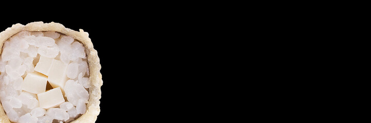 Classic sushi roll. Sushi at black background.Japanese seafood sushi , roll a white background. Banner.