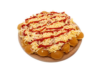 Pizza on the Hong Kong waffle, on a wooden board. Use for the design of the menu of restaurants and cafes